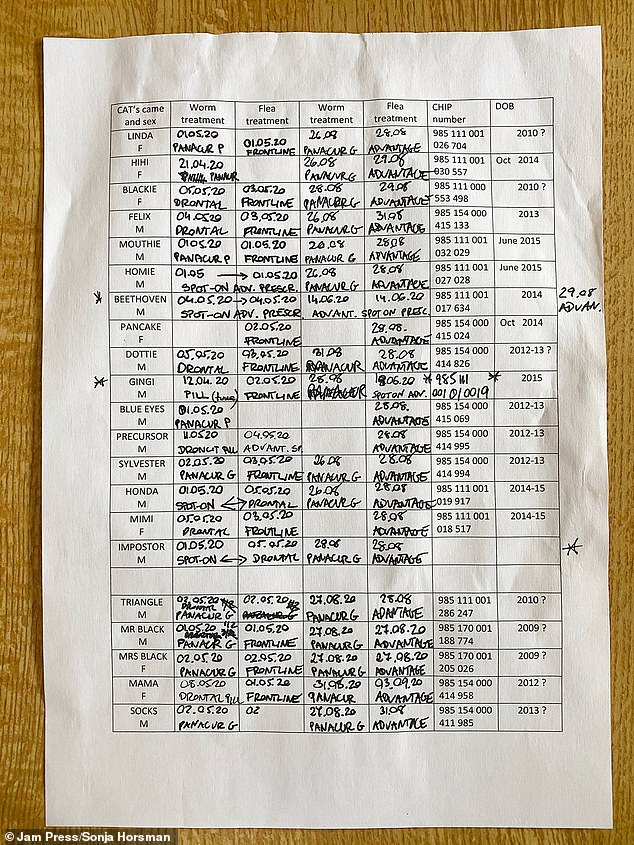 Kamila keeps track of all her cats treatments and microchip details on a detailed sheet of paper