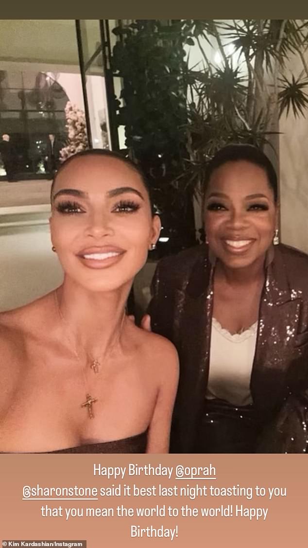 Sweet wishes: In another photo that featured just Kim and Oprah she wished the iconic interviewer a happy 69th birthday