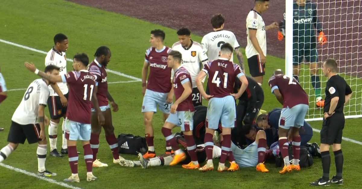 Wan-Bissaka and Soucek surrounded by doctors after horror head clash as fans can't believe they were allowed to play on