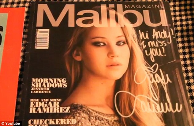 Treasure: One of Andy's prized magazines was apparently signed by Jennifer who wrote: 'Hi Andy! I miss you!'